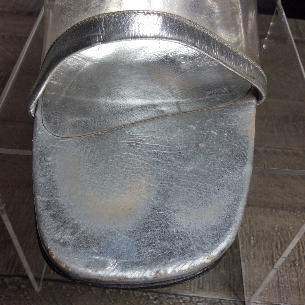 vintage Yves Saint Laurent silver and clear lucite mules with mirror finish